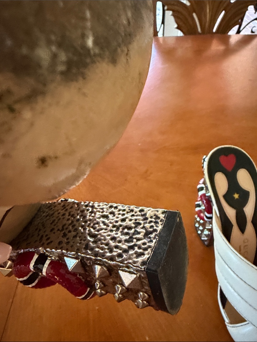 Gucci Cream Slip-On Heels with Red & Black Embellished Snake-Detail Heel - Picture 10 of 10